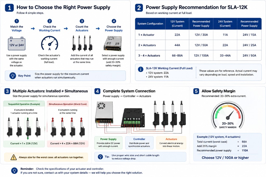 How to choose the right power supply for linear actuators: voltage matching, working current, simultaneous operation, wiring, and safety margin